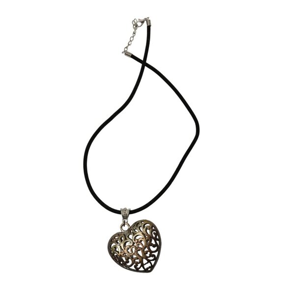Hollow Ornate Heart Pendant Silver Necklace Fabric Cord Band Boho Oversized - Picture 1 of 6